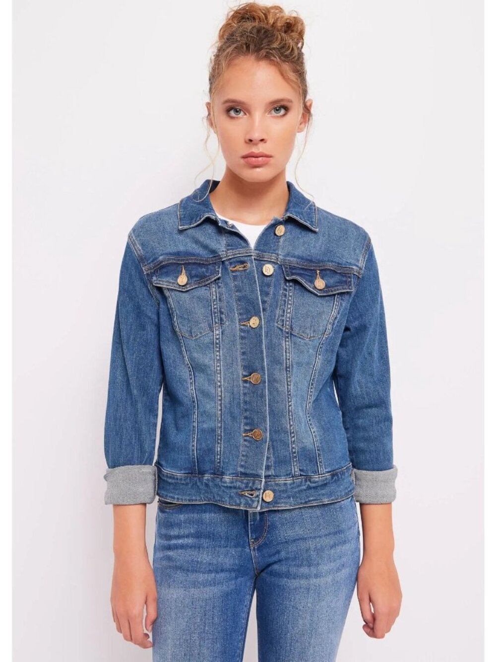 Curve Appeal Denim Jacket Womens Size Small Blue Button Up Long Sleeve